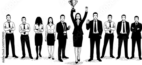 Silhouette of Diverse Group of Business People Standing in Row with Confident Businesswoman Holding Trophy Celebrating Success and Leadership