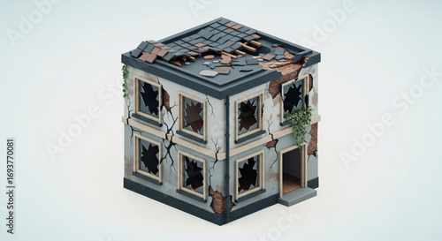 Isometric damaged building illustration of abandoned house with broken windows and ruined roof design concept
