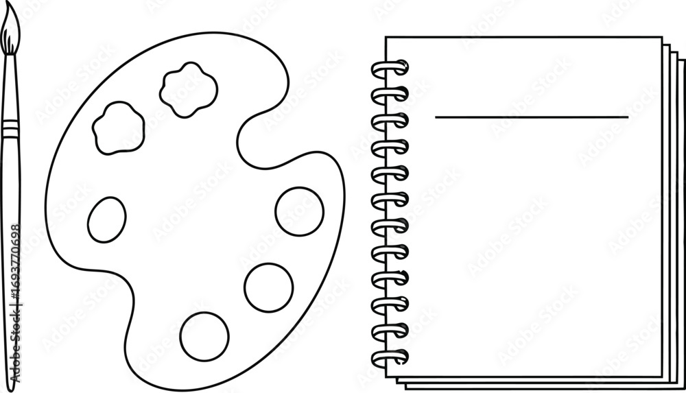 Paintbrush, palette, and sketchbook for art supplies.