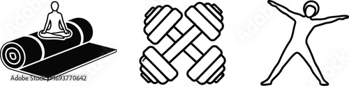 Yoga mat, dumbbells, and stretching exercise illustrations.