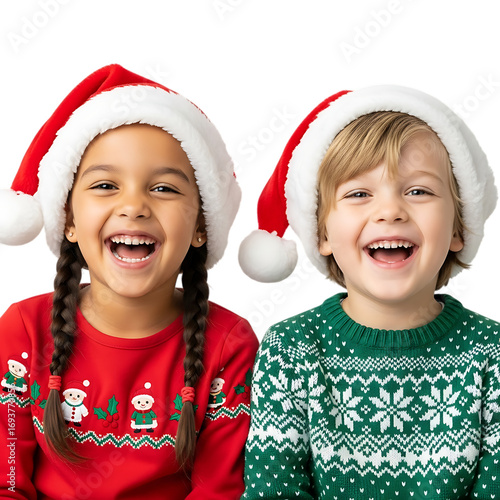 Joyful children wearing santa hats and festive sweaters celebrating christmas together transparent background