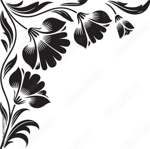Black floral corner design with bell shaped flowers and leaves