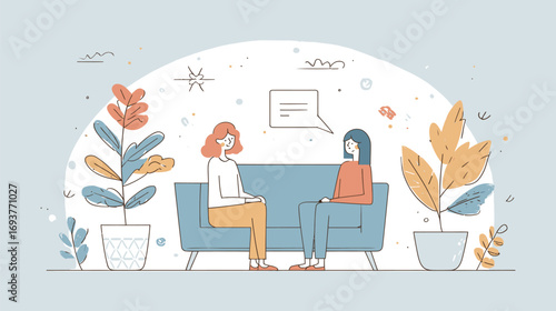 Two women are seated on a modern couch, sharing an intimate conversation. Indoor plants add a vibrant touch to the cozy space. Sunlight filters in gently.