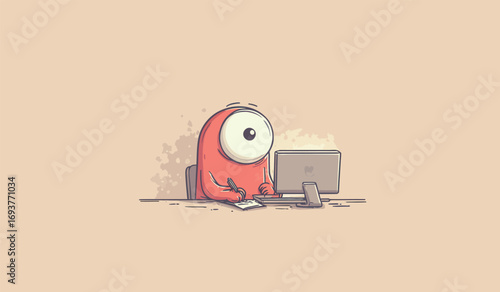 A cartoon character with a prominent single eye sits at a desk. The character is focused on jotting notes while a computer monitor is in view, suggesting a study session.
