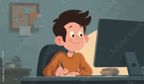 A young boy in a vibrant orange sweater sits at his desk, happily engaged in his homework while using a computer. The warm light creates a cozy atmosphere.