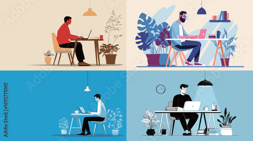 Four distinct workspaces showcase individuals focused on remote tasks. Each area features stylish plants and unique color schemes that enhance productivity and comfort.