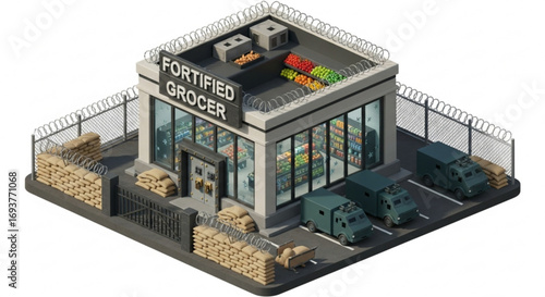 Isometric fortified grocery store with sandbags and armored vehicles for secure shopping experience concept