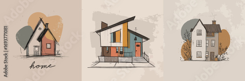 Three distinct house designs showcase different architectural styles and colors, set against soft pastel backgrounds. Each house features unique elements and charm.