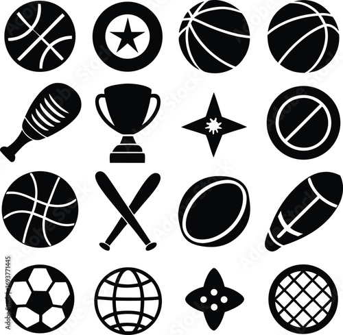 Collection of sport balls and equipment icons graphic set round and oval shaped sports gear symbols for digital or print media