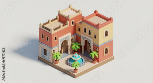 Isometric moroccan riad architecture design with courtyard fountain and palm trees illustration render