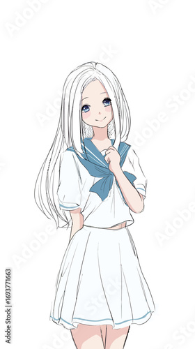 A young girl stands with a gentle smile, wearing a sailor-inspired outfit.