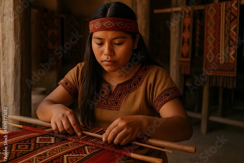Remaja perempuan penduduk asli Amerika Selatan menenun kain tradisional