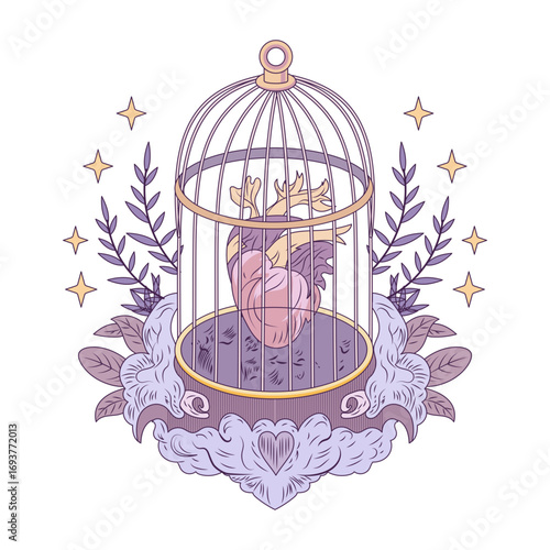A flat style illustration representing caged heart 
