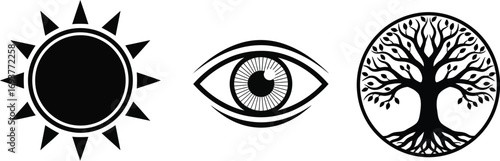 Black and white icons depicting a radiant sun, a human eye, and a symbolic tree of life.