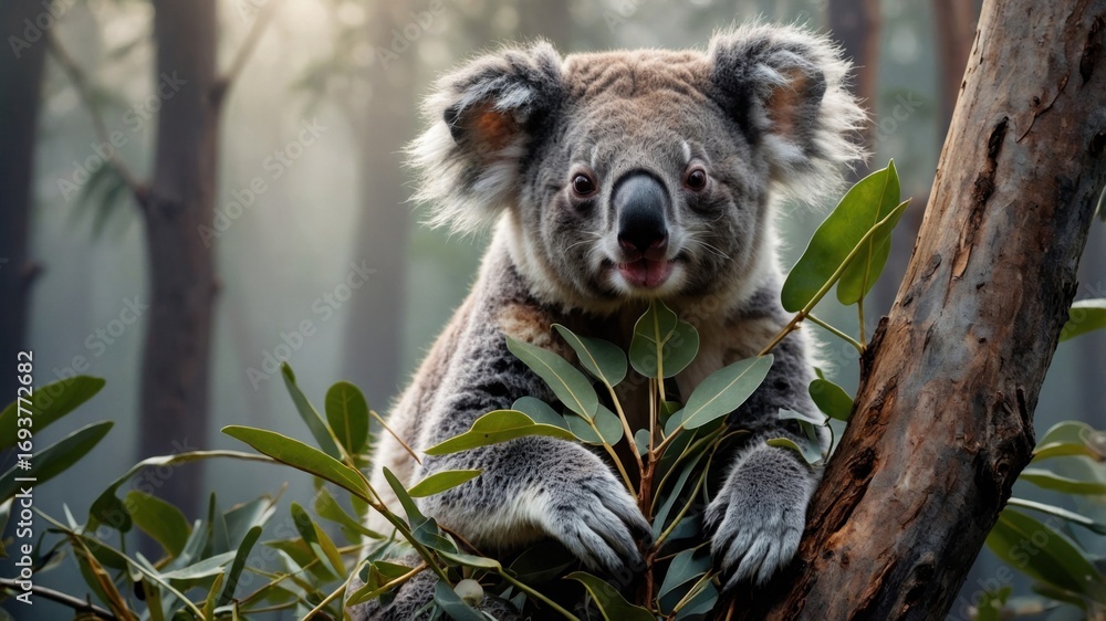 Fototapeta premium A serene koala perched on a eucalyptus tree, surrounded by misty forest ambiance and soft light