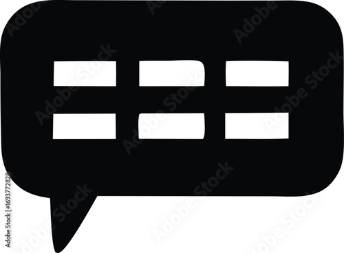Simple black chat bubble icon with horizontal lines representing text messaging communication dialogue and conversation