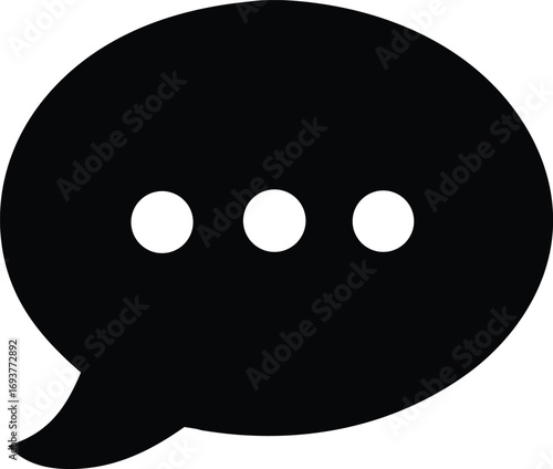 Simple black speech bubble icon with three white dots representing ongoing conversation communication or thought process for digital applications