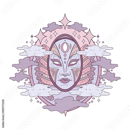 Flat style illustration representing mystical mask 