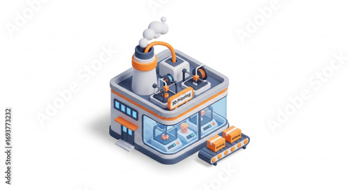 Isometric 3d printing factory illustration for manufacturing and rapid prototyping services design vector