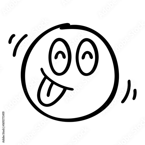 Hand drawn silly face. Silly face emoji doodle illustration. Silly face with tongue out and wacky eyes.