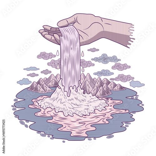  Flat style illustration showing surreal waterfall 