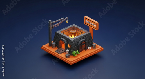 Isometric game asset of resistance building with fire and stone structure for game development use