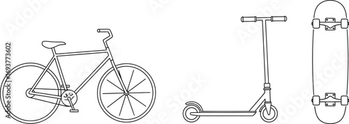 Line drawing of a bicycle, a scooter, and a skateboard, all in a row.