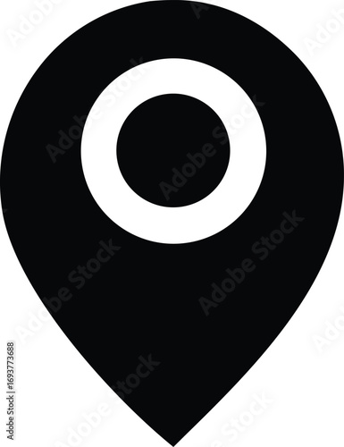 Simple black and white location pin icon symbol for navigation and geolocation services graphic design element