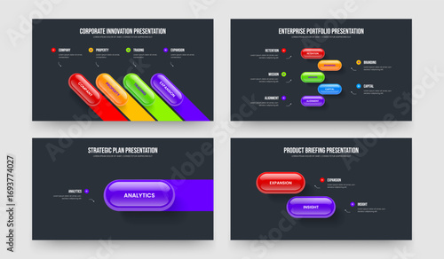 Product Plan Four Five One Two Element Diagram Slideshow Design Vector Illustration Bundle. Professional Overview 4 5 1 2 Step Infographic Presentation Layout Set.