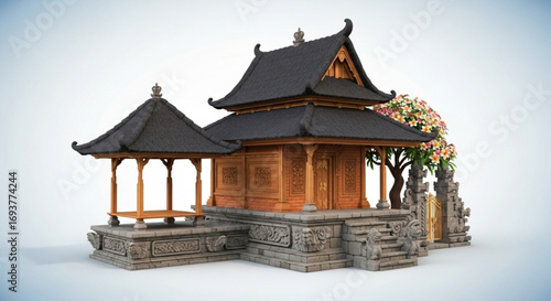 Beautiful balinese temple architecture design with traditional roof and stone carving art for travel