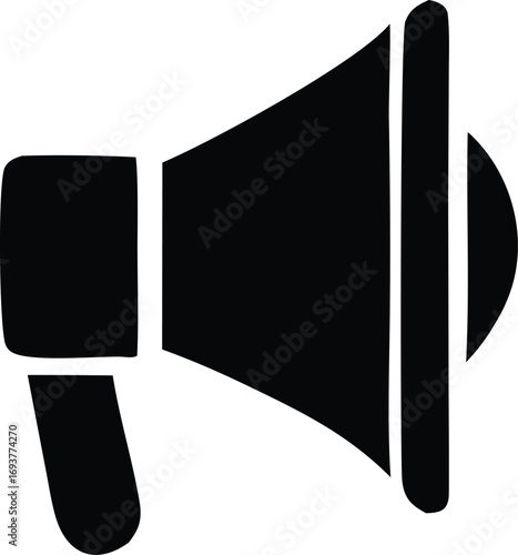 Bold black silhouette of a megaphone symbol representing communication announcement and public speaking