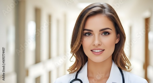 Free Download Confident Female Doctor Portrait in Hospital Corridor | Healthcare Professional for Medical Marketing and Advertising - GFXLoad