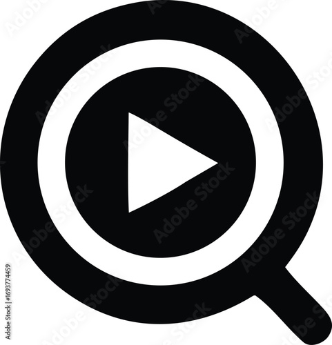 Magnifying glass with play button icon symbol representing video search discovery online media exploration