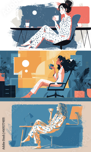 Three illustrated women in comfortable pajamas relax in different settings, sipping drinks and enjoying their time indoors. Each woman showcases tranquility and leisure.
