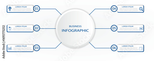 Marketing process visualization with white box diagram with icon | Business data timeline representation with 6 steps or option | Blue vector illustration for web, presentation, report