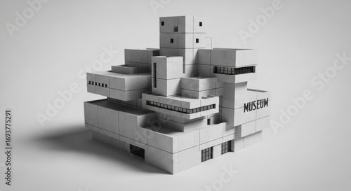 Modern architecture museum building design in black and white architectural rendering and model photograph art style