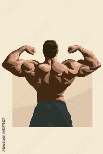 A bodybuilder showcases his impressive physique with flexed muscles seen from the back. The design has a minimalist style featuring neutral colors.
