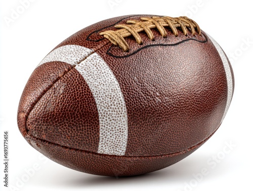 Brown leather American football, laces, white stripes