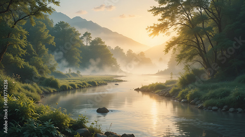 Serene riverine scene with riparian elements, featuring a sunlit, misty river winding through a lush, verdant landscape, perfect for a tranquil nature background image. Watercolor style, high