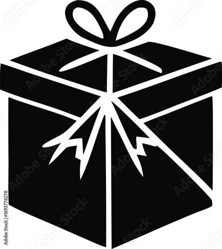 Iconic black and white gift box icon celebrating holidays and special occasions with ribbon and bow detail