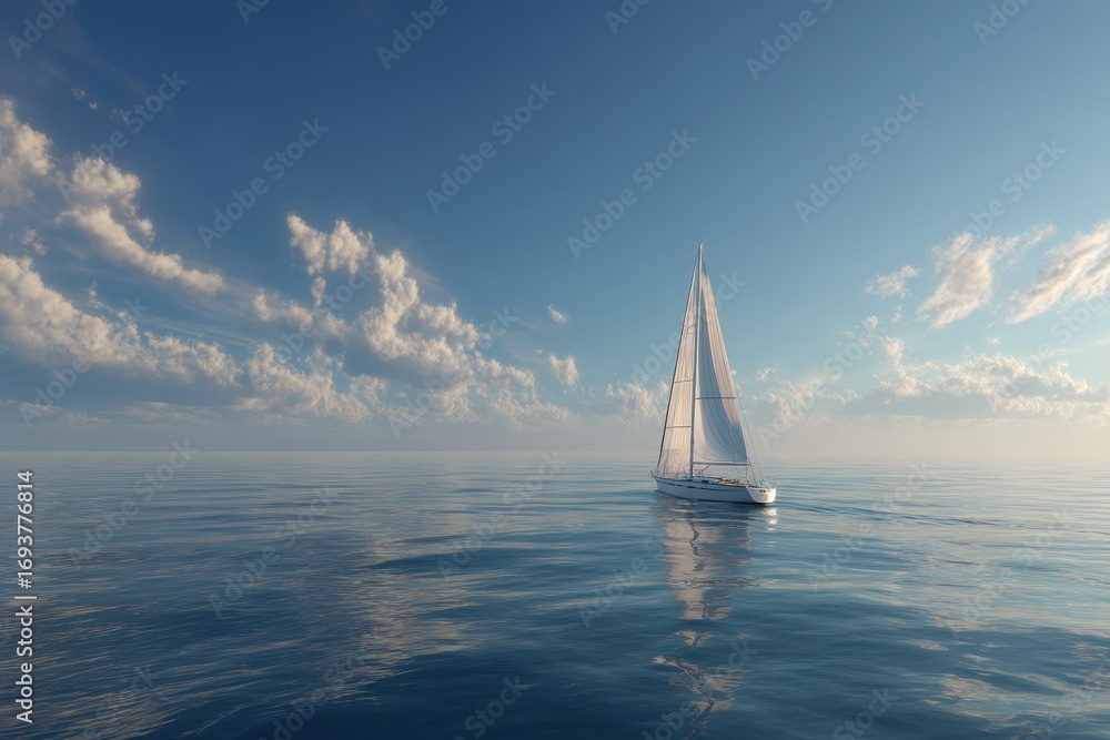 Obraz premium White Sailboat Gliding on Calm Blue Ocean Under Serene Sky with Clouds