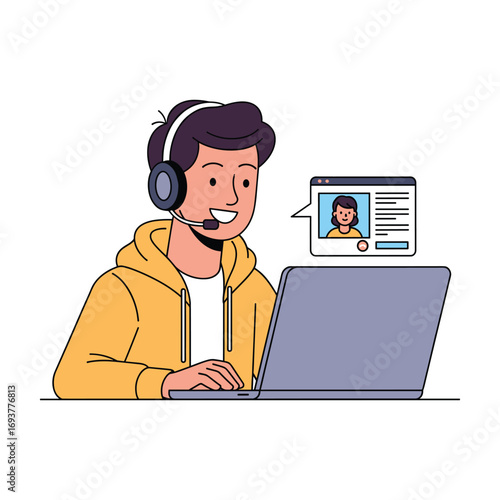 Happy Male Customer Service Agent Video Chatting Online Support