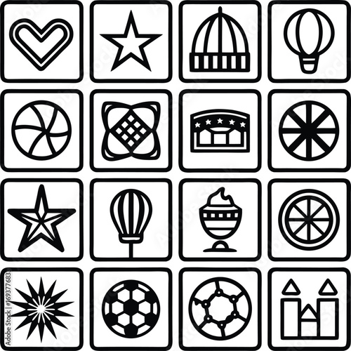 Collection of simple outline icons featuring hearts stars balloons abstract shapes and desserts for diverse design applications