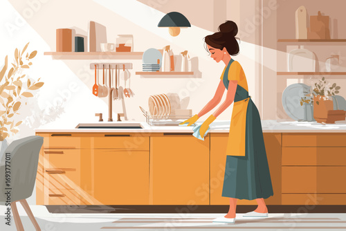 A young woman stands by a sink in a stylish kitchen, washing dishes. Sunlight streams in, illuminating her as she wipes a plate, surrounded by kitchenware.