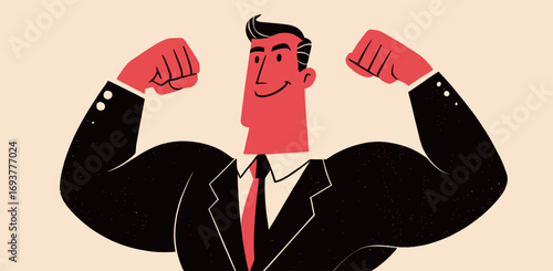 A businessman with strong muscles flexes his arms, radiating confidence in a classic suit against a neutral background, exemplifying success and determination.