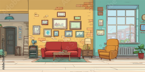 A vibrant living room features a red sofa and yellow walls, adorned with artwork and potted plants. Natural light pours in through large windows, creating a warm atmosphere.