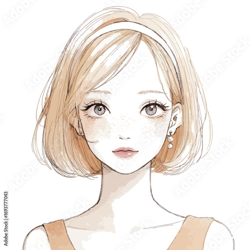 A young woman with short, wavy hair and freckles gazes softly, wearing simple earrings. Her expression is calm and inviting, embodying a tranquil presence.