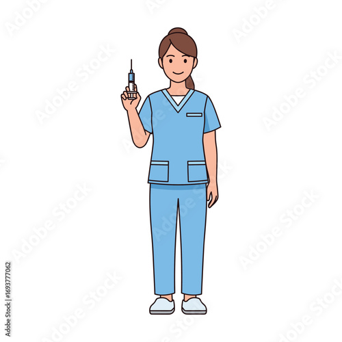 Smiling Female Nurse in Scrubs Holding Syringe, Cartoon Style
