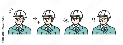 ミドル　シニア　メガネをかけた男性作業員の表情のアイコンイラスト素材