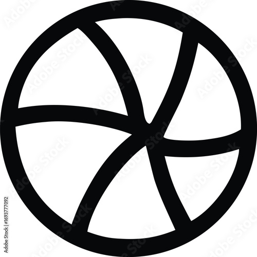 Stylized black wheel symbol with six curved spokes and outer ring abstract design representing motion cycles and unity